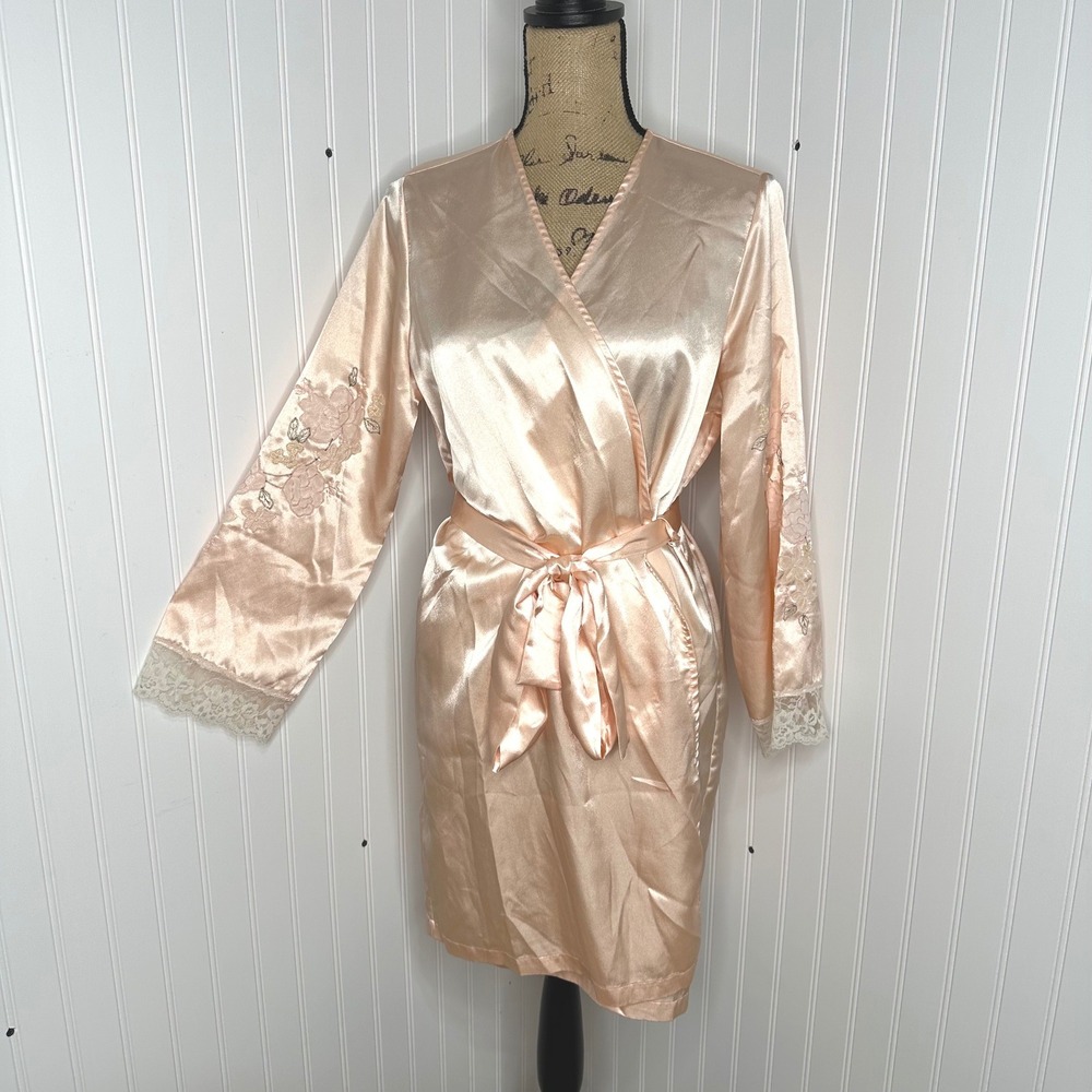 Vtg Madison Studio Satin Robe Peach Floral Embroidered Lace Trim Bridal Sz M